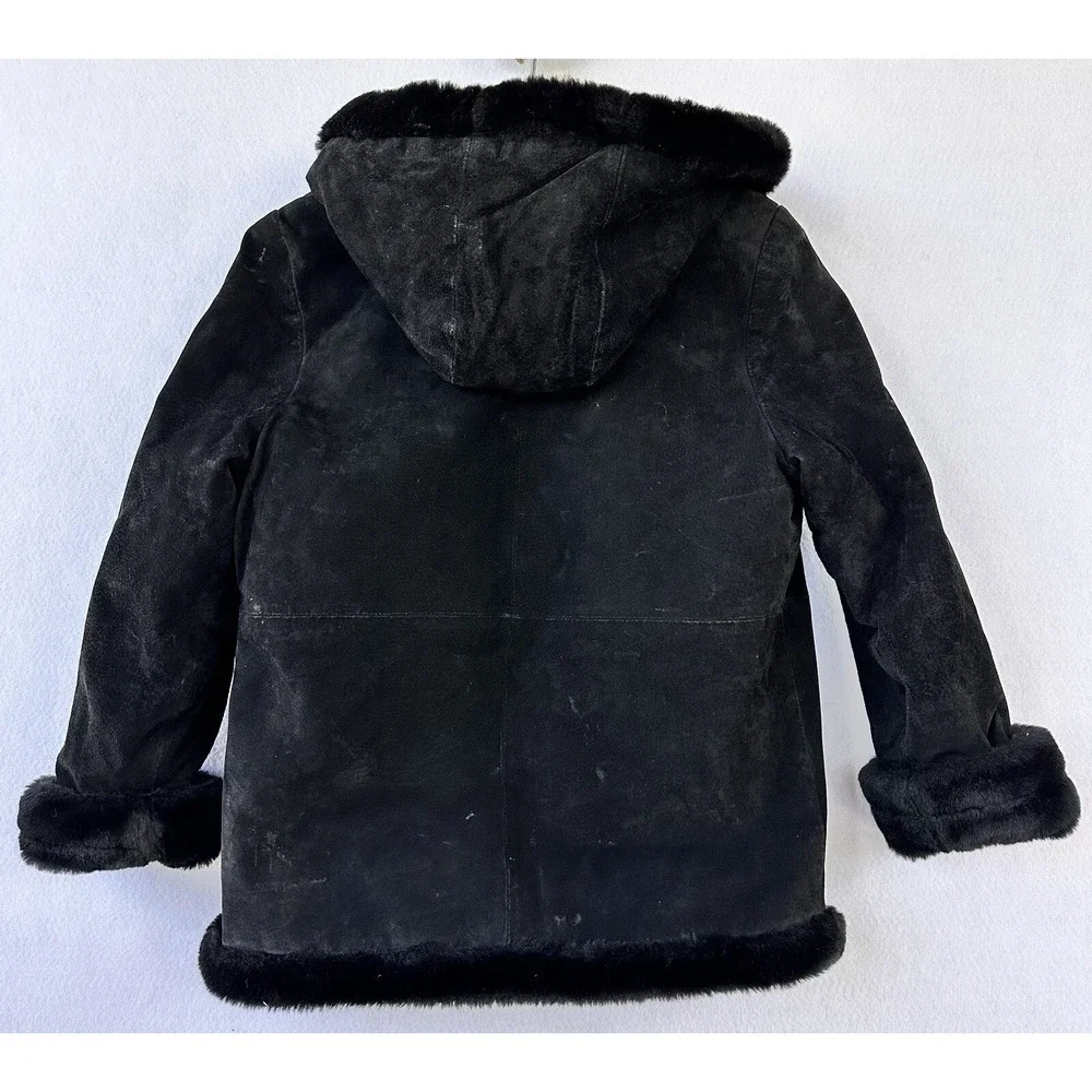 WILSONS Black Suede Coat Girl's Youth XL Faux Fur Lined Hooded